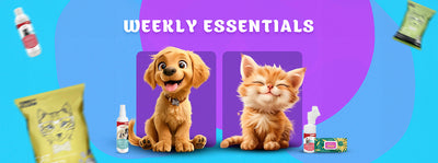 PetCare.ae Weekly Essentials banner featuring a happy puppy and kitten with pet care products including sprays, treats, and grooming items, on a vibrant blue and purple background – shop must-have items for dogs and cats.
