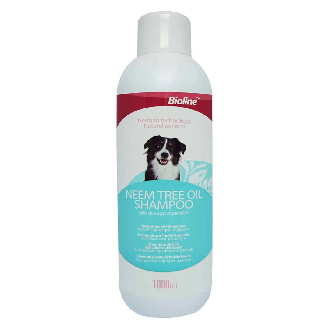 Bioline Neem Tree Oil Shampoo bottle for dogs on a white background