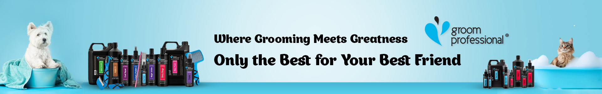 Groom Professional pet grooming banner featuring dog and cat in bathtubs with premium shampoos and conditioners – petcare.ae