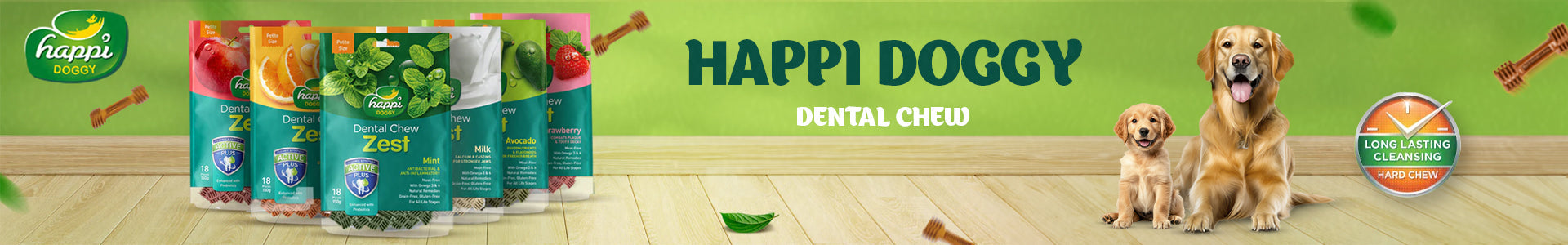 Happi Doggy dental chew banner with assorted flavors and happy Golden Retrievers – long-lasting dog chews for oral care on petcare.ae
