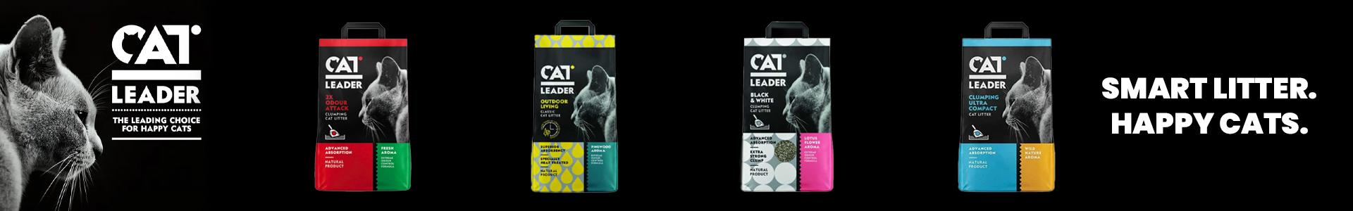 Cat Leader cat litter bags in different types and colors, with a black cat on the packaging. Text on the image says “Smart Litter. Happy Cats.”
