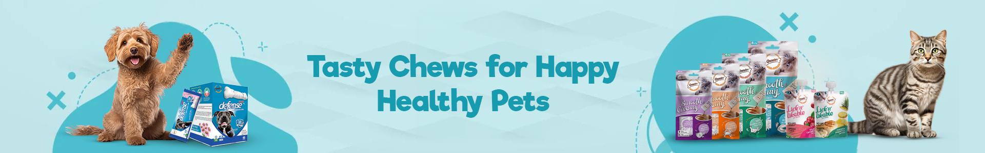 Happy dog and cat with Defense and Smooth Creamy pet treats, promoting healthy chews for pets - petcare.ae