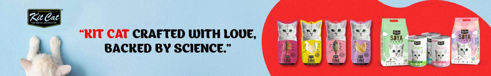 Kit Cat premium cat food and treats with slogan 'Crafted with love, backed by science' and product packaging display - petcare.ae.