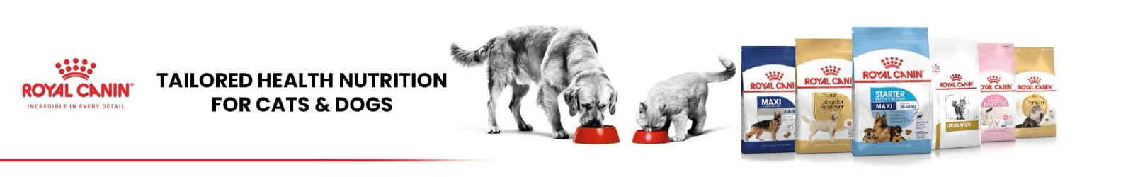 Royal Canin pet food for cats and dogs with different food packs and two pets eating from red bowls - petcare.ae