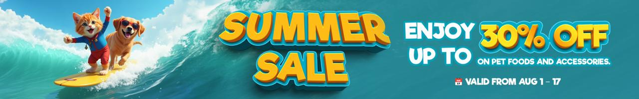 PetCare.ae Summer Sale banner featuring a surfing cat and dog with bold text offering up to 30% off on pet food, toys, and accessories – valid from August 1 to 17.