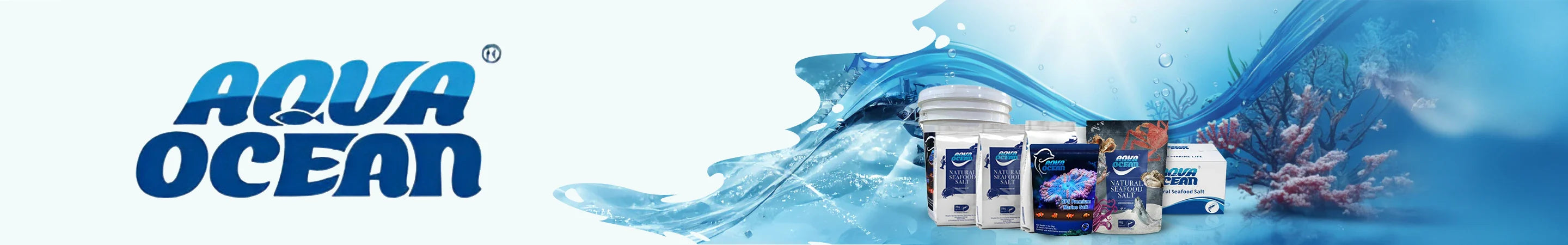Aqua Ocean natural sea ingredients for aquarium care, featuring bags, buckets, and packaging in a blue ocean setting.