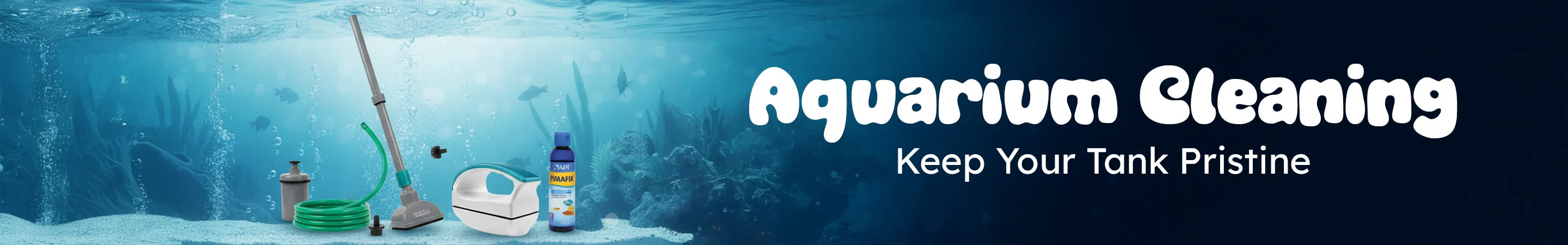 Premium aquarium cleaning tools and accessories to keep your fish tank pristine, including siphons, vacuums, and algae removers in an underwater setting.