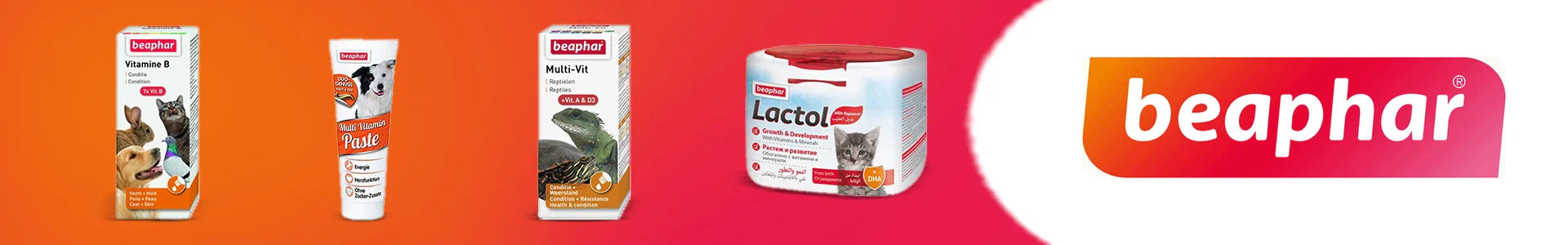 Beaphar pet healthcare collection banner featuring vitamin B complex, multi-vitamins paste for dogs, reptile vitamins, and lactol kitten milk replacer
