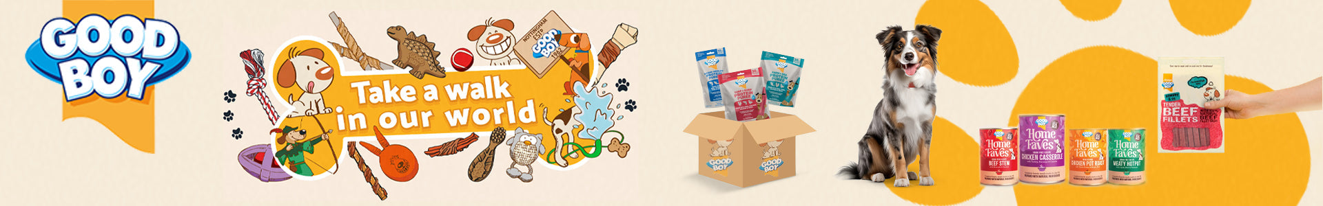 Good Boy dog treats and food – tasty snacks, chew sticks, and wet meals for dogs, featuring playful branding and a happy pet enjoying delicious rewards - petcare.ae.