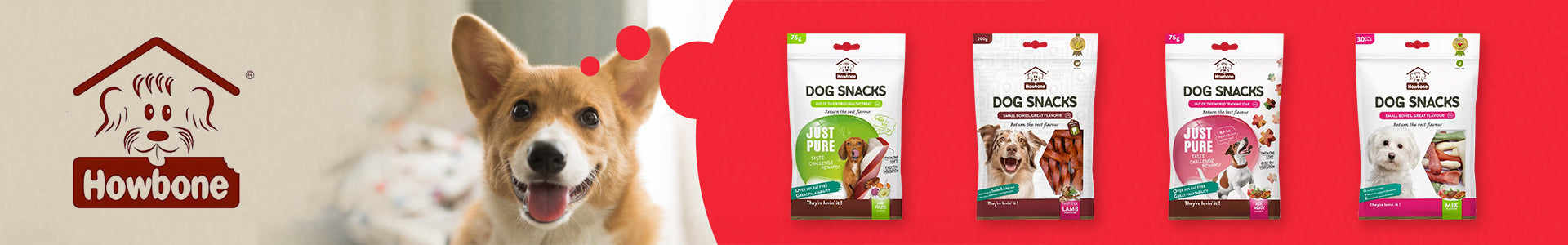 Howbone dog snacks banner featuring a happy dog and a variety of natural dog treats including lamb, mix, and chicken flavors, promoting healthy and tasty snacks for dogs - petcare.ae.