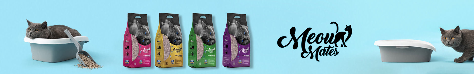 Meow Mates cat litter collection featuring multiple scented litter variants with British Shorthair cats beside litter boxes on a blue background – promoting premium clumping litter for odor control and easy cleanup.