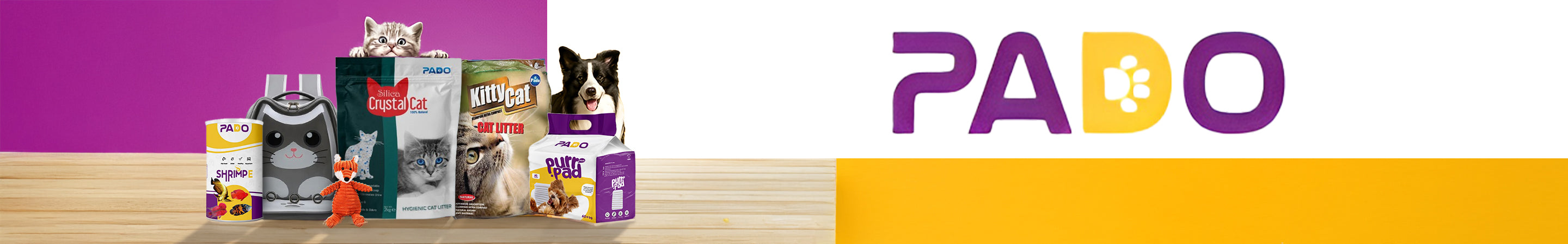 "Collection banner of PADO pet products including cat litter, dog training pads, shrimp treats, and pet food, with playful cat and dog images and PADO brand logo."