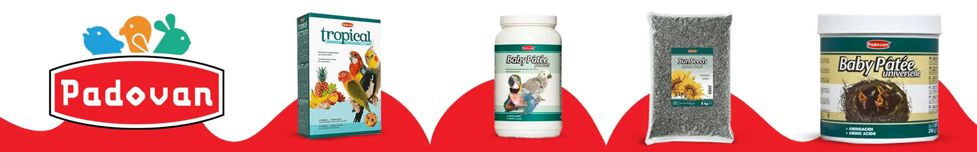 Padovan bird and small animal food collection banner featuring Tropical Patee, Baby Patee for parrots, and Sunseeds sunflower seeds mix
