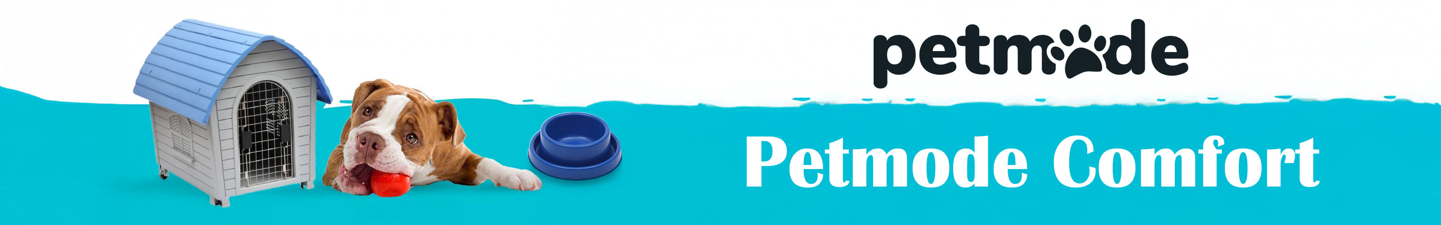 "Petmode Comfort promotional banner featuring a relaxed dog with red toy, blue pet bowl, and dog house on turquoise background—highlighting cozy pet lifestyle products."