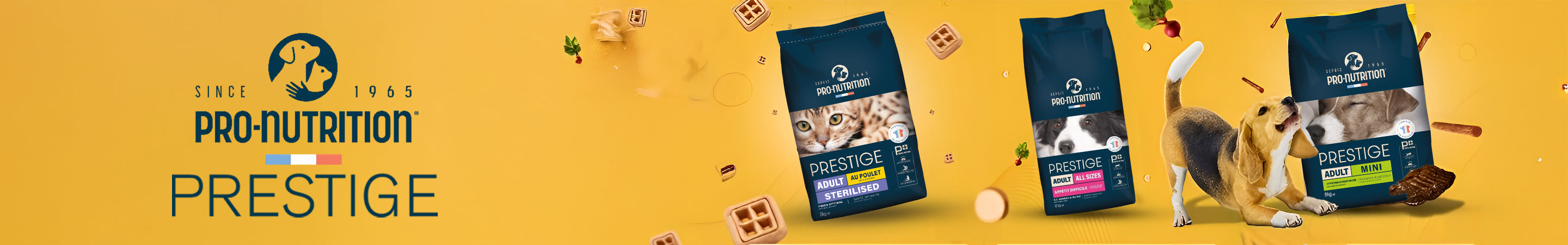 "Pro-Nutrition Prestige pet food banner featuring Adult Sterilized Cat, Puppy Maxi, and Adult Maxi Dog formulas with vibrant yellow background and floating food ingredients. Premium French pet nutrition since 1965."