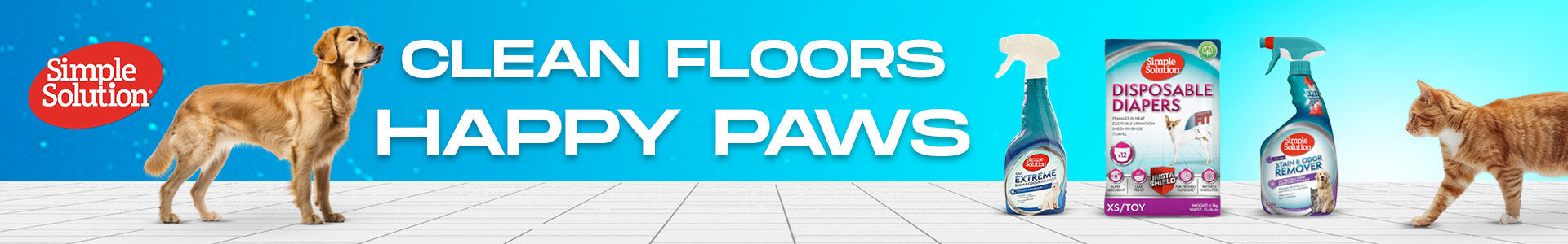 "Simple Solution pet care products for clean floors and happy paws, featuring a dog, a cat, disposable diapers, and stain & odor remover spray."