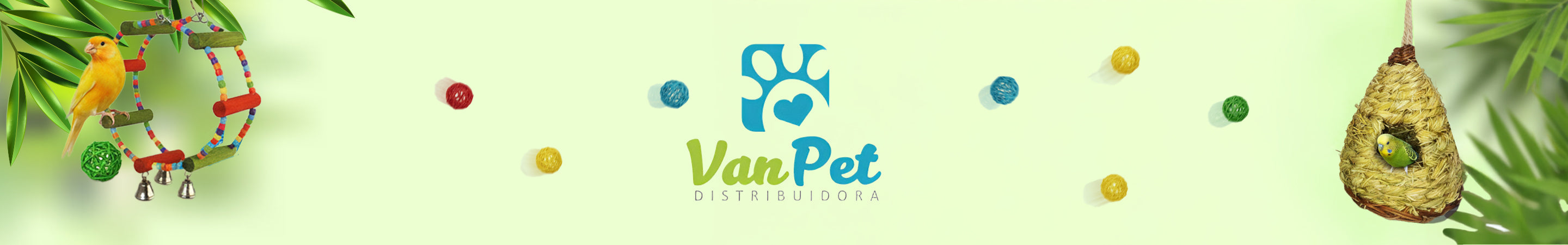 "VanPet pet supplies with colorful bird toys, including a birdcage and accessories, featuring a yellow bird and a green budgie, with a fresh green background."