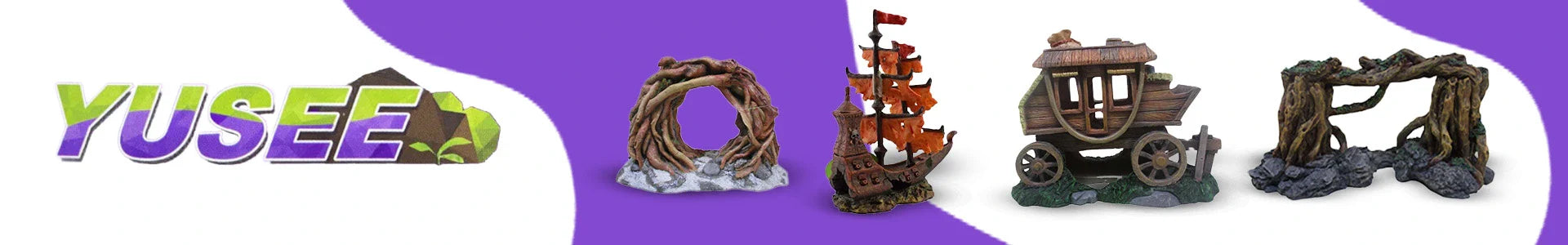 Yusee aquarium decoration collection banner featuring artificial resin ornaments, including a route cave, pirate ship, western wagon, and driftwood arch for fish tanks.