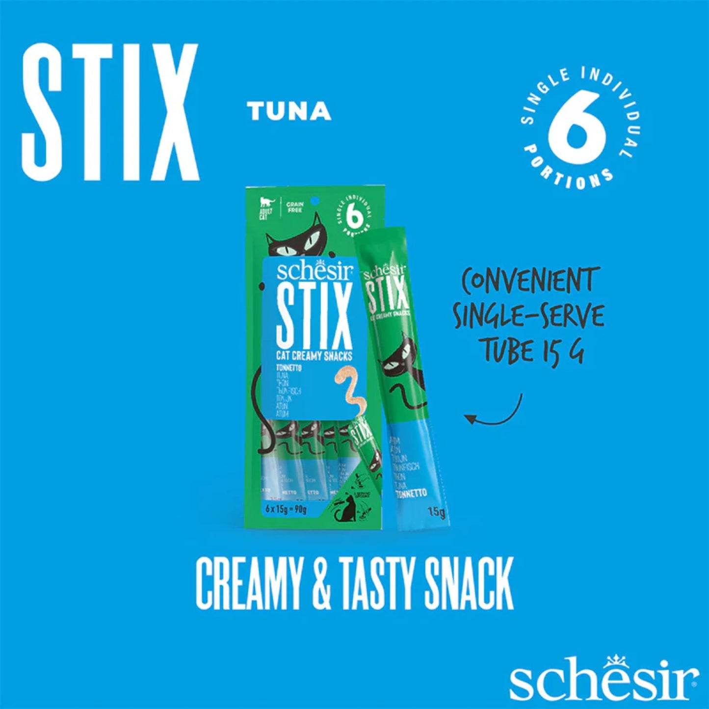 Schesir Stix tuna cat snack packages on a blue background with product details.