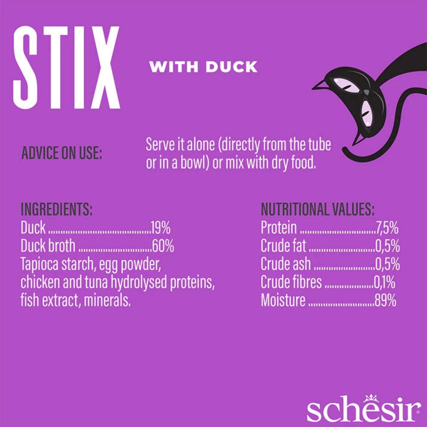 Product label for 'STIX with Duck' by Schesir on a purple background