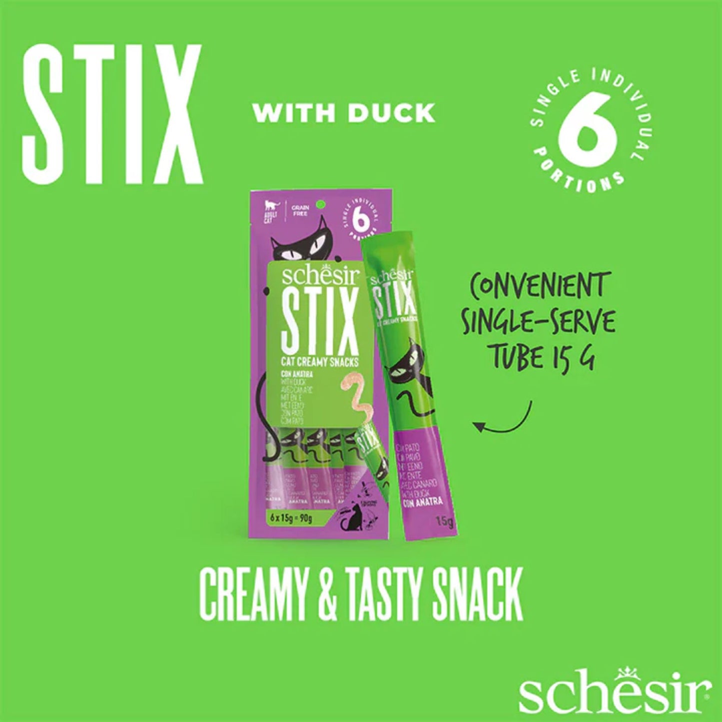 Schesir Stix with Duck cat treat packaging on a green background