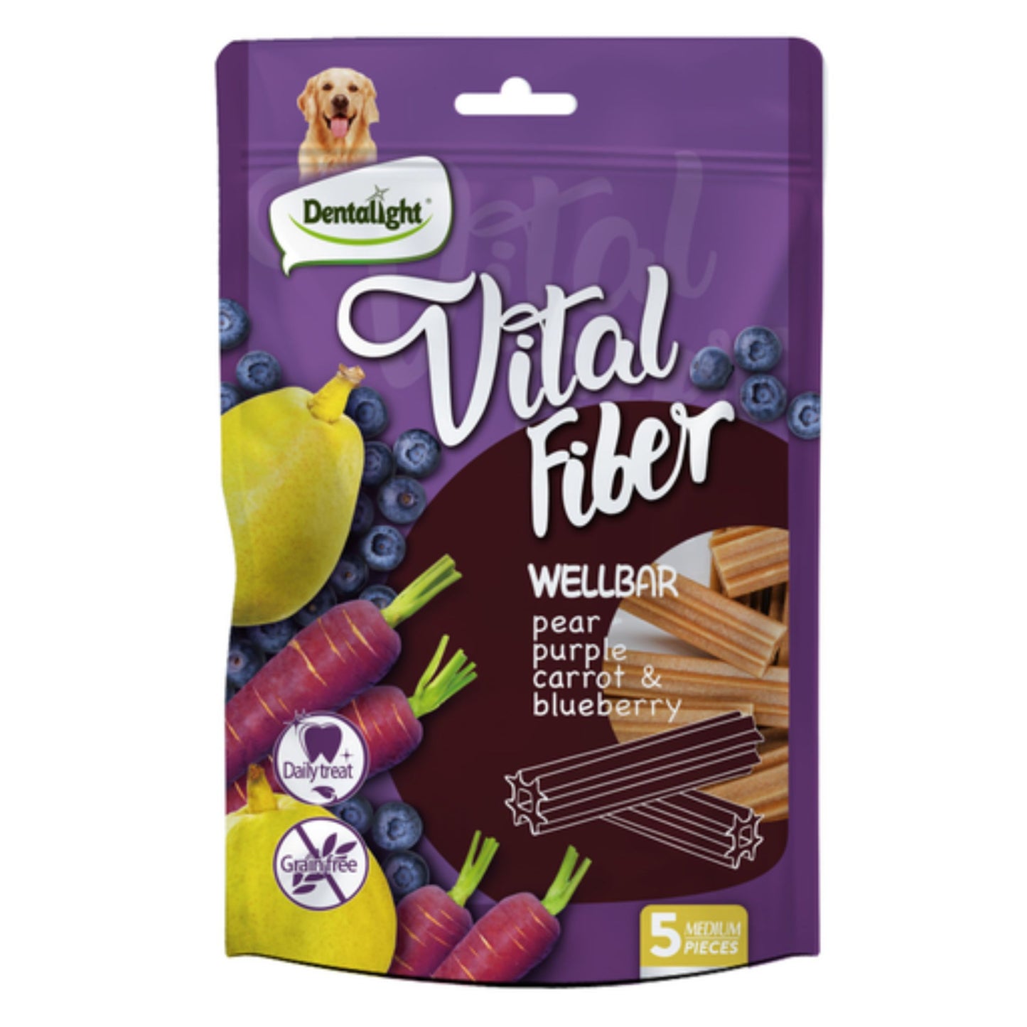 Dentalight Vital Fiber Wellbars 3 Dog Treat With Pear,Purple Carrot & Blueberry -5pcs/85g