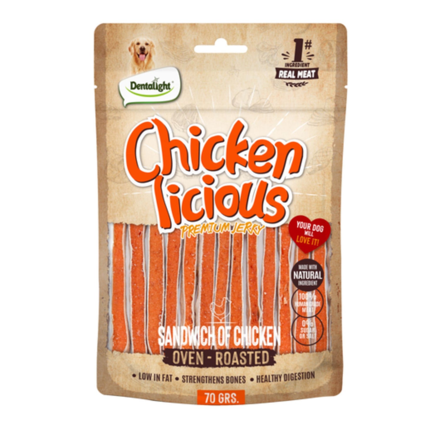 Dentalight Licious Jerky Dog Treats With Chicken Sandwich - 70g