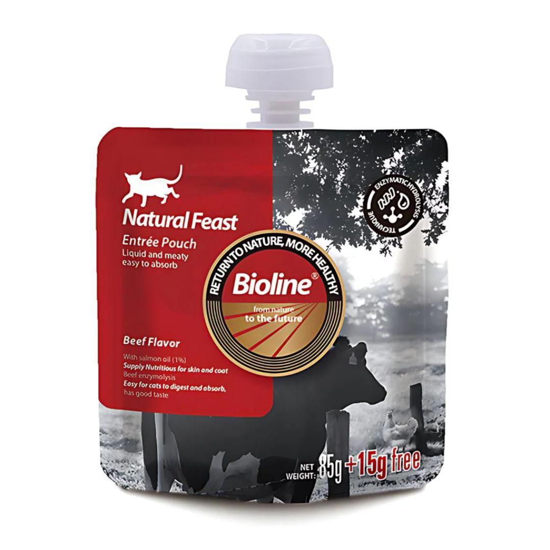 Bioline Natural Feast Entree Pouch Beef Flavor 85g + 15g Premium Cat Food