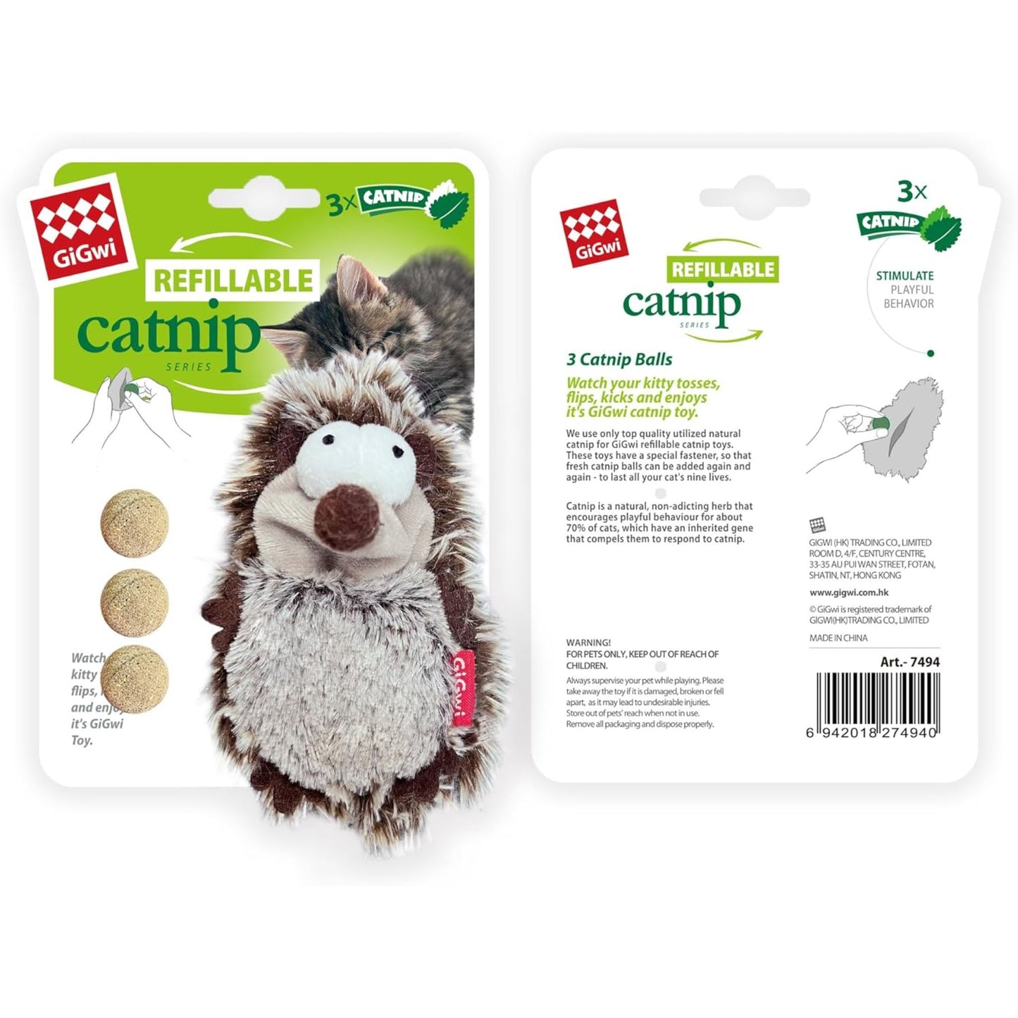 Gigwi Hedgehog Refillable Catnip With 3 Catnip Balls For Cat