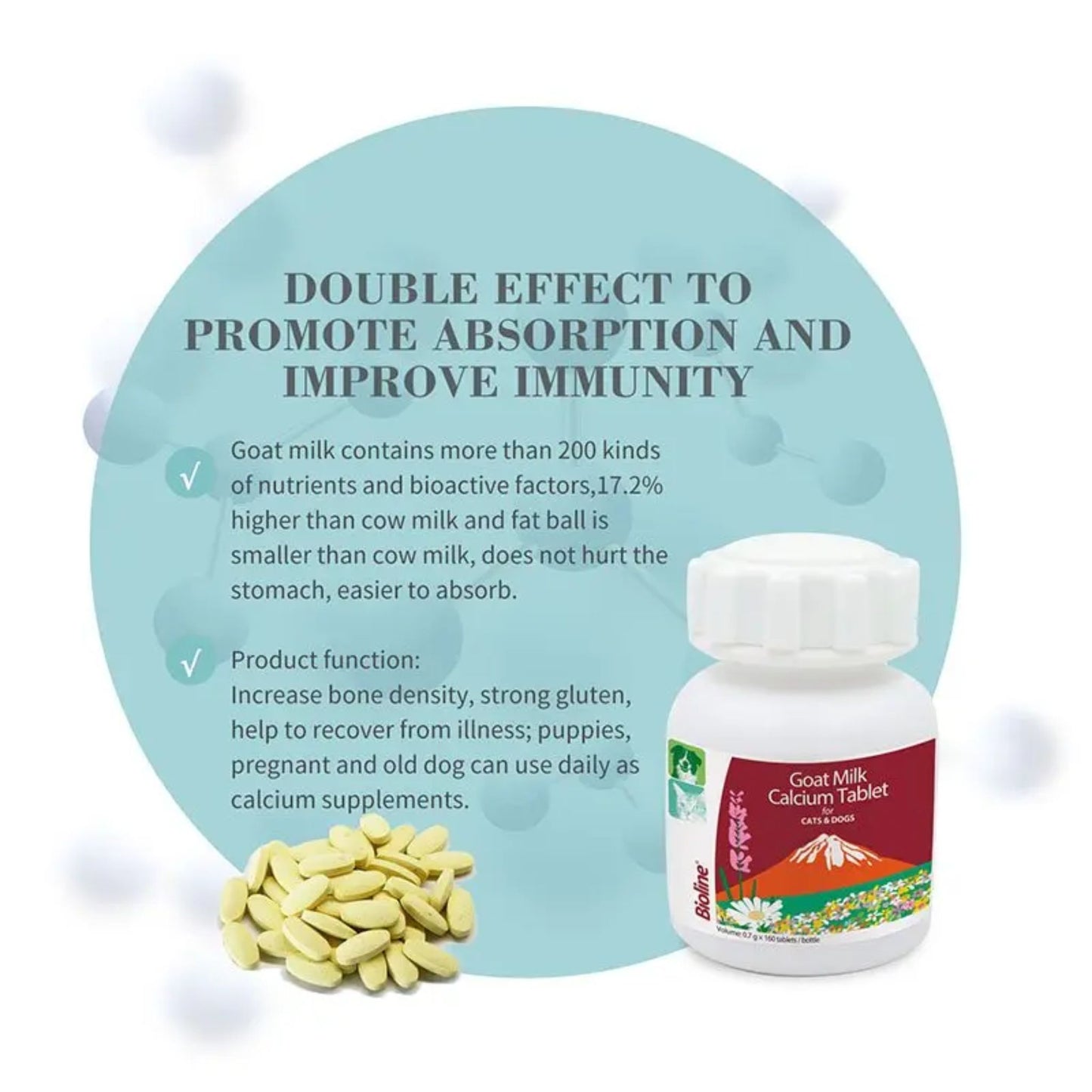 Goat milk calcium tablets with text on a light blue background