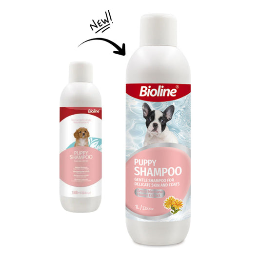 Two bottles of Bioline Puppy Shampoo on a white background