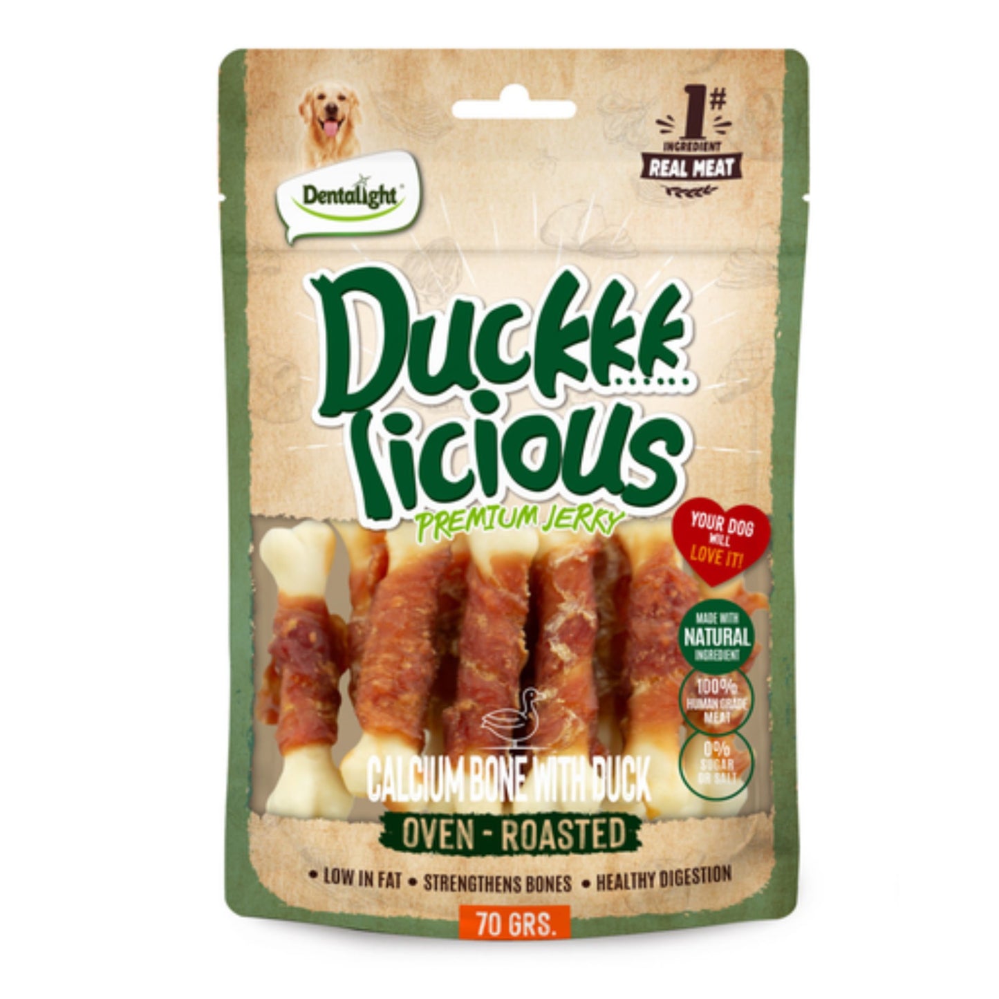 Dentalight Licious Jerky Dog Treats With Duck Calcium Bone - 70g
