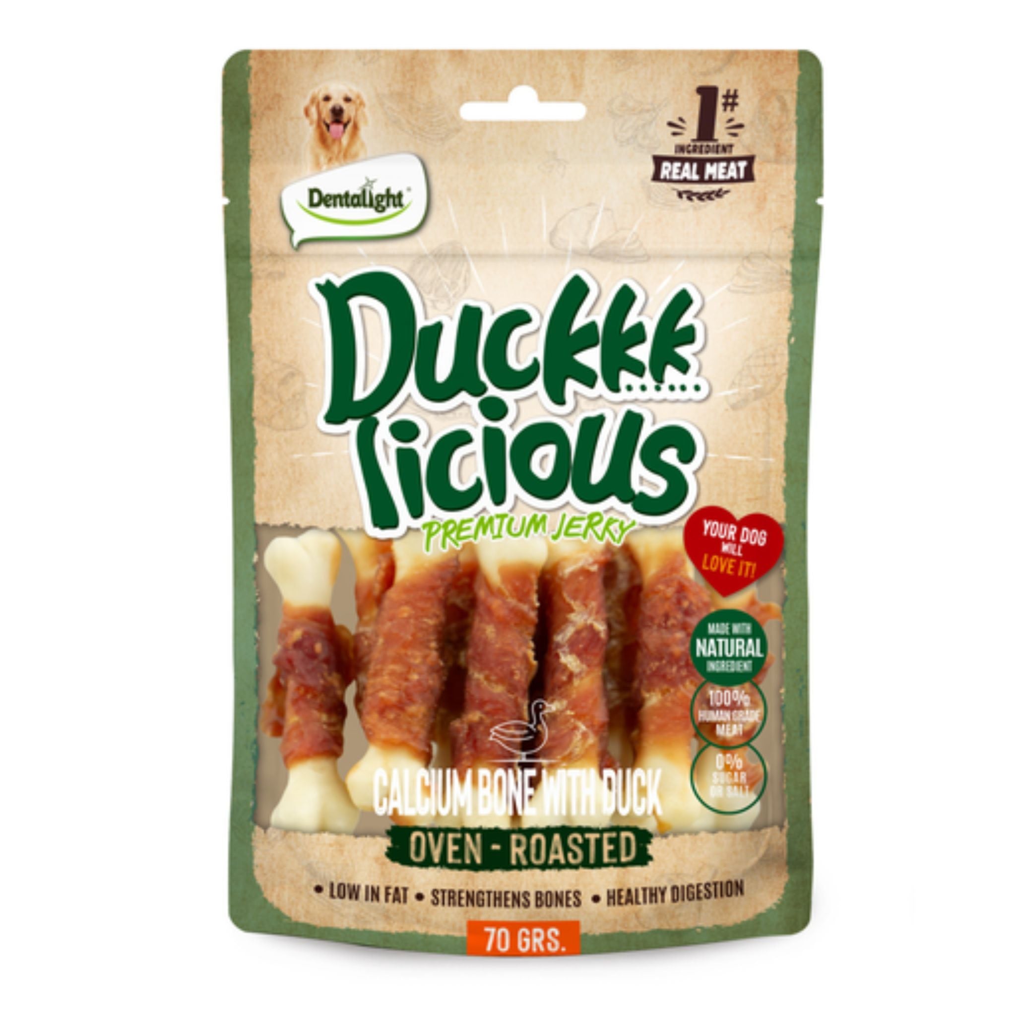 Dentalight Licious Jerky Dog Treats With Duck Calcium Bone - 70g