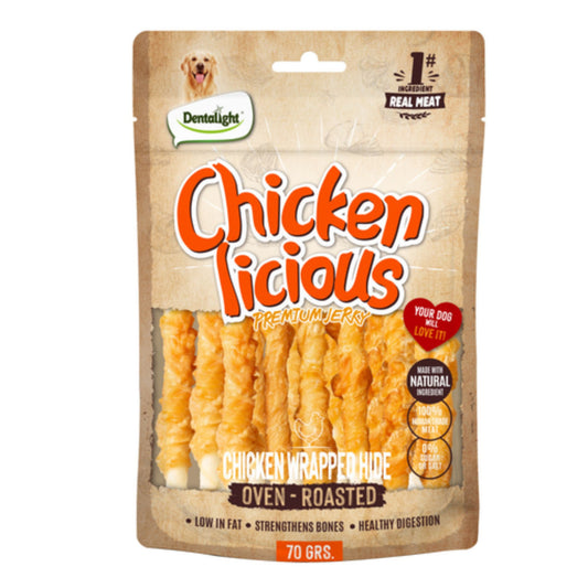Dentalight Licious Jerky Dog Treats With Chicken Wrapped Hide - 70g