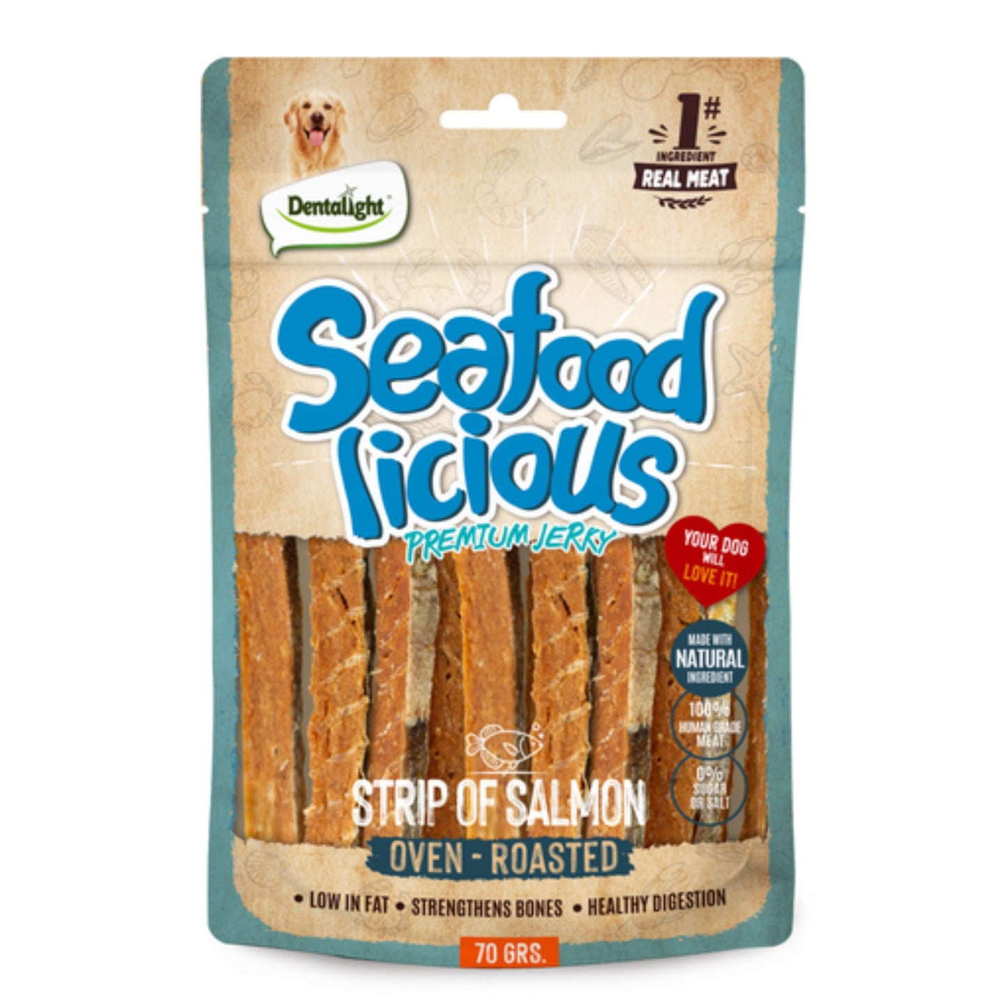 Dentalight Licious Jerky Dog Treats With Salmon Strip - 70g