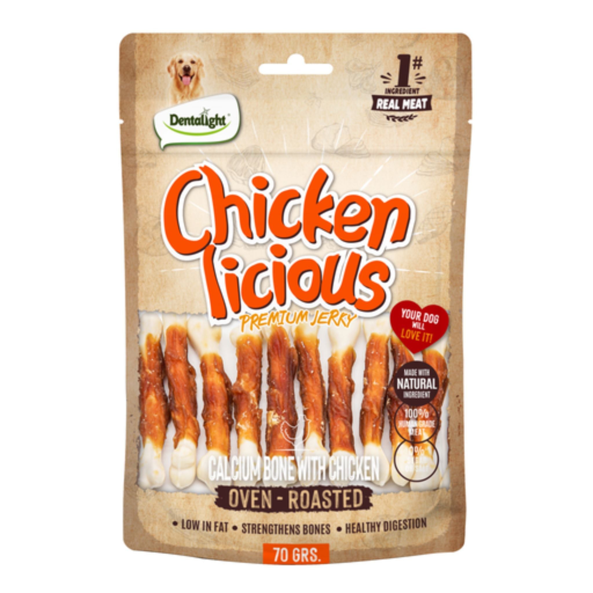 Dentalight Licious Jerky Dog Treats With Calcium Bone & Chicken - 70g