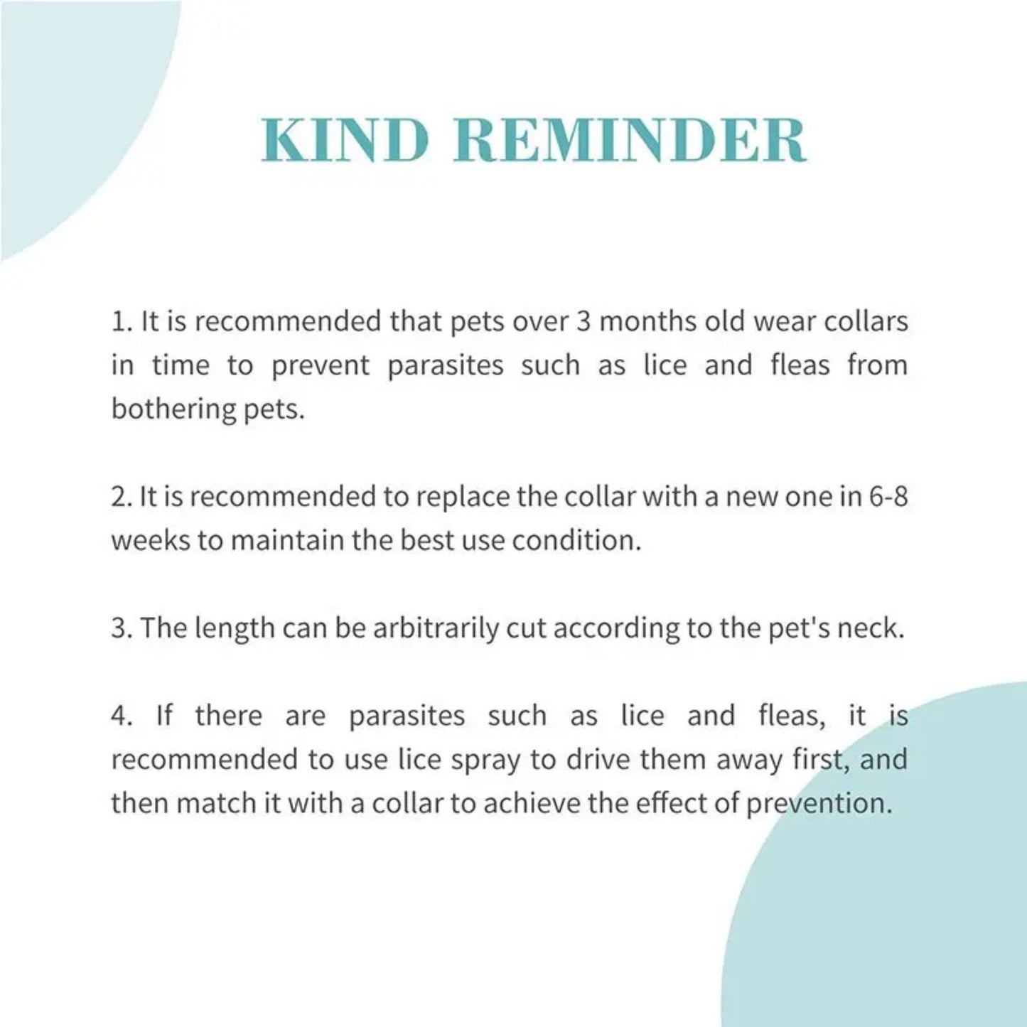Text instructions on using pet collars and lice spray for parasite prevention.