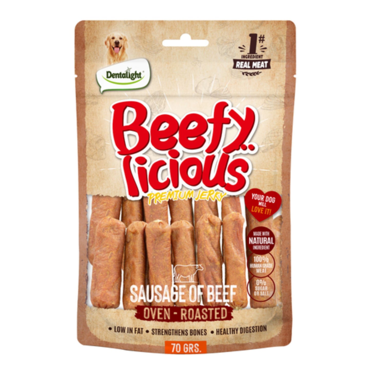Dentalight Beefy Licious Jerky Dog Treats Beef Sausage - 70g