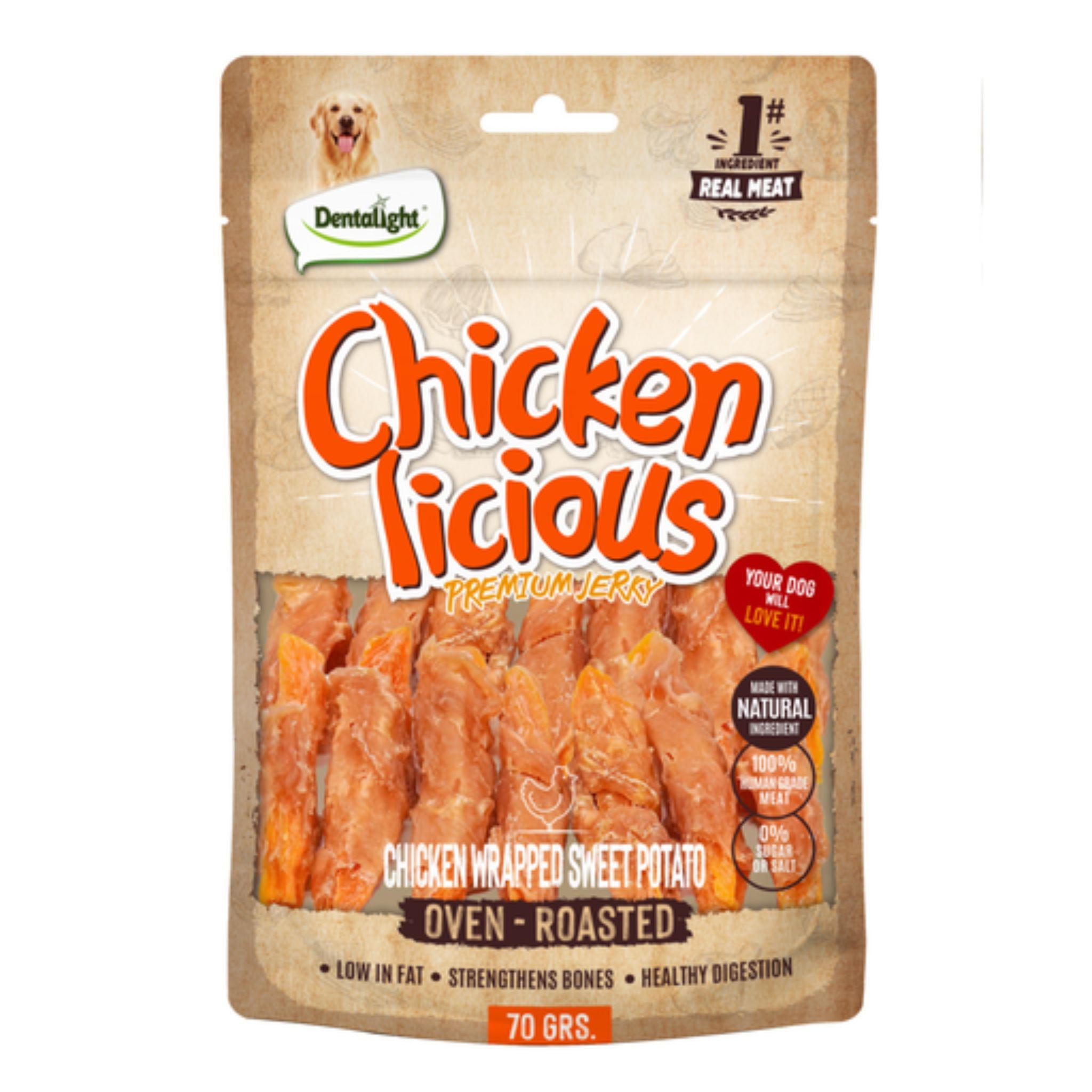 Dentalight Licious Jerky Dog Treats With Chicken Wrapped & Sweet Potato - 70g