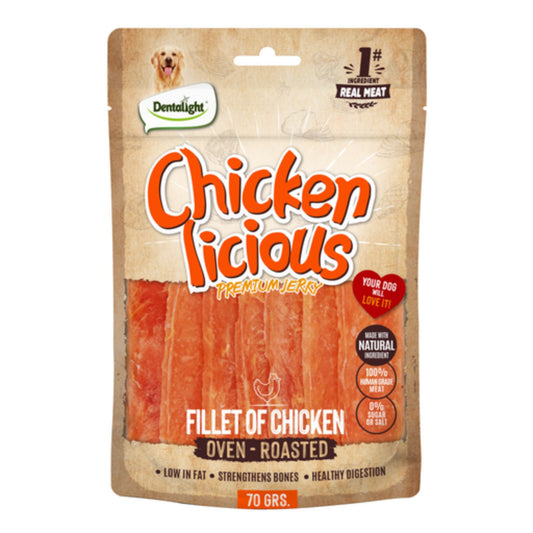 Dentalight Licious Jerky Dog Treats With Chicken Fillet - 70g