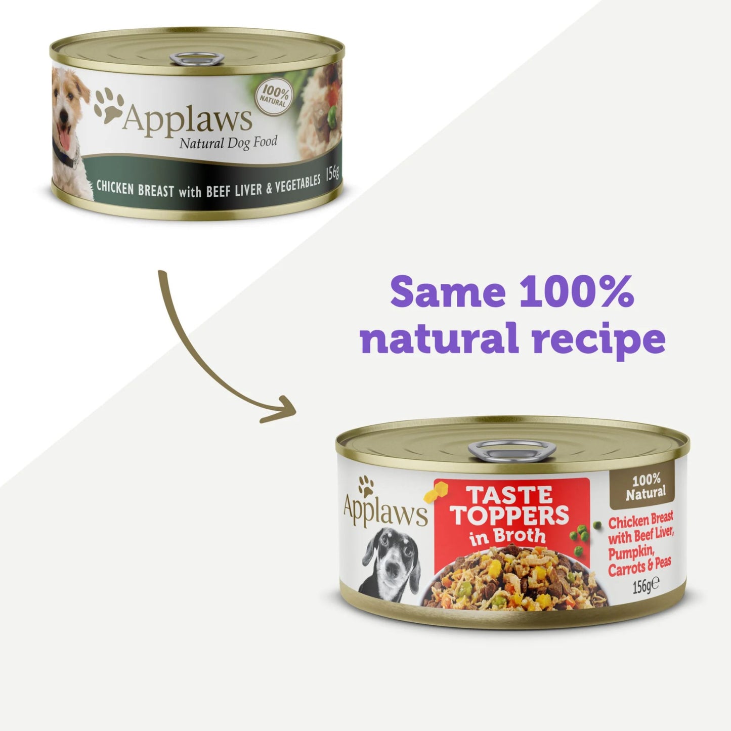 Two cans of Applaws natural dog food with labels indicating 'Same 100% natural recipe'.