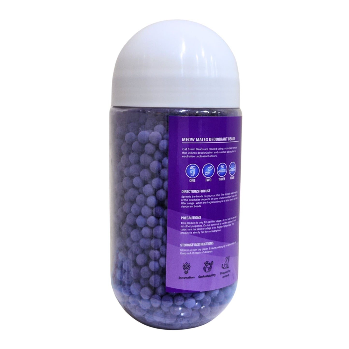 Deodorant stick with purple beads and a white cap on a white background