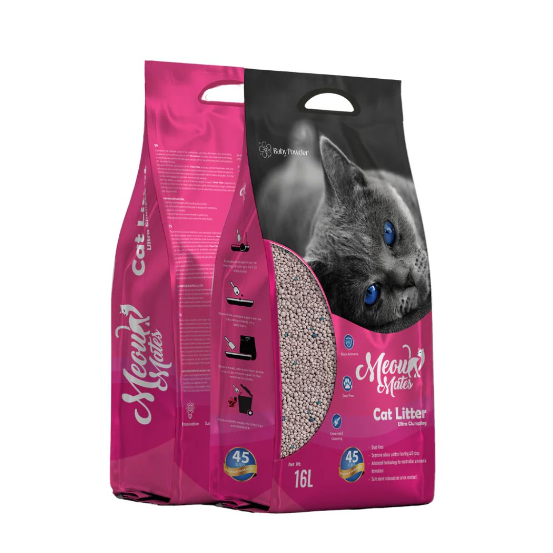 Meow Mates Bentonite Cat Litter – Baby Powder Scent (16L / 10kg)