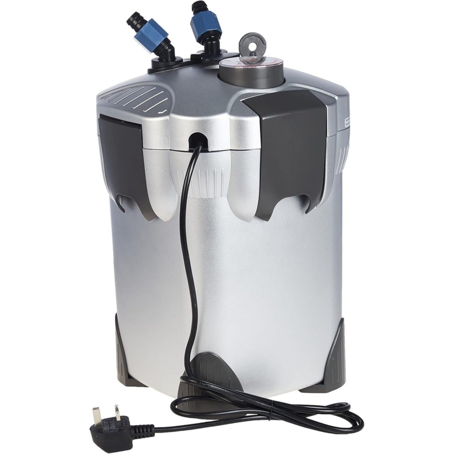 Silver aquarium filter with black power cord on a white background