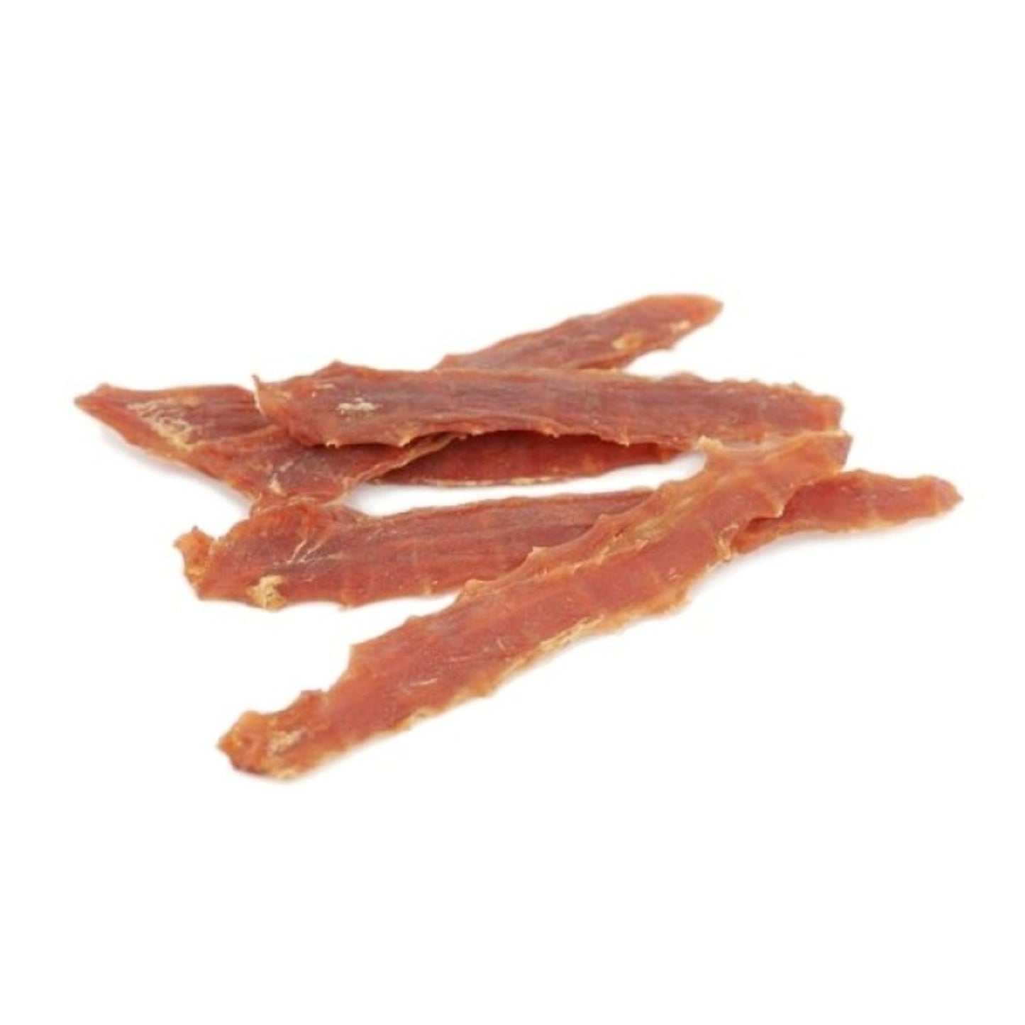 Two pieces of dried duck jerky on a white background