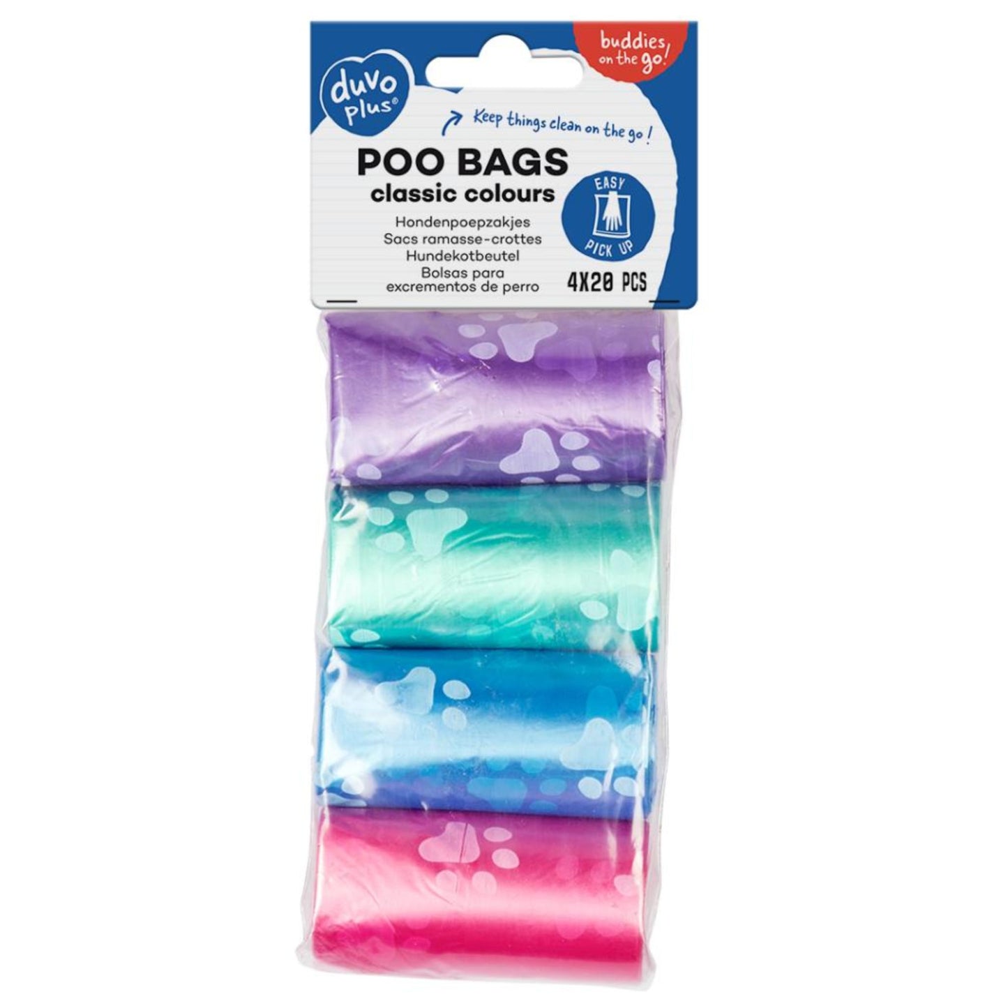 Pack of dog poo bags in purple, blue, and pink with 'duvo+' branding.