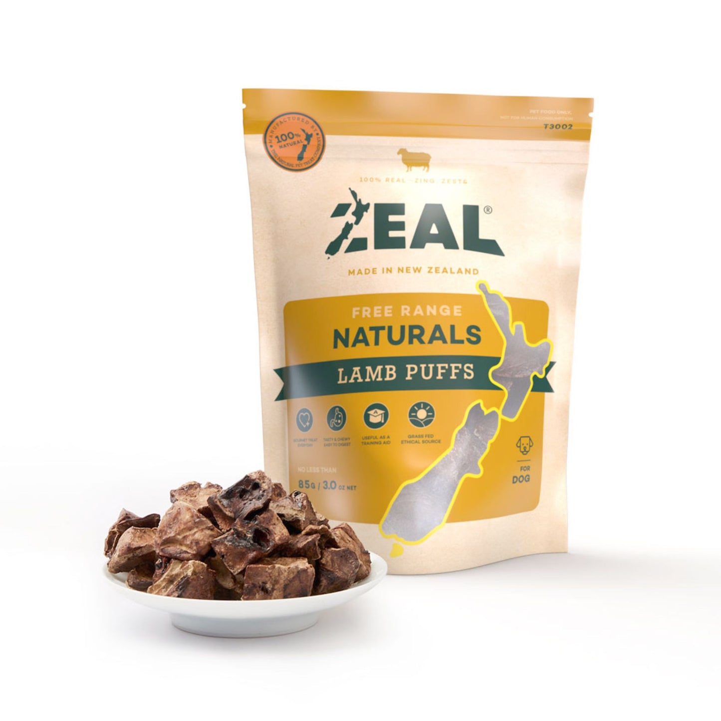 Zeal Free Range Naturals Lamb Puffs packaging with a bowl of treats on a white background