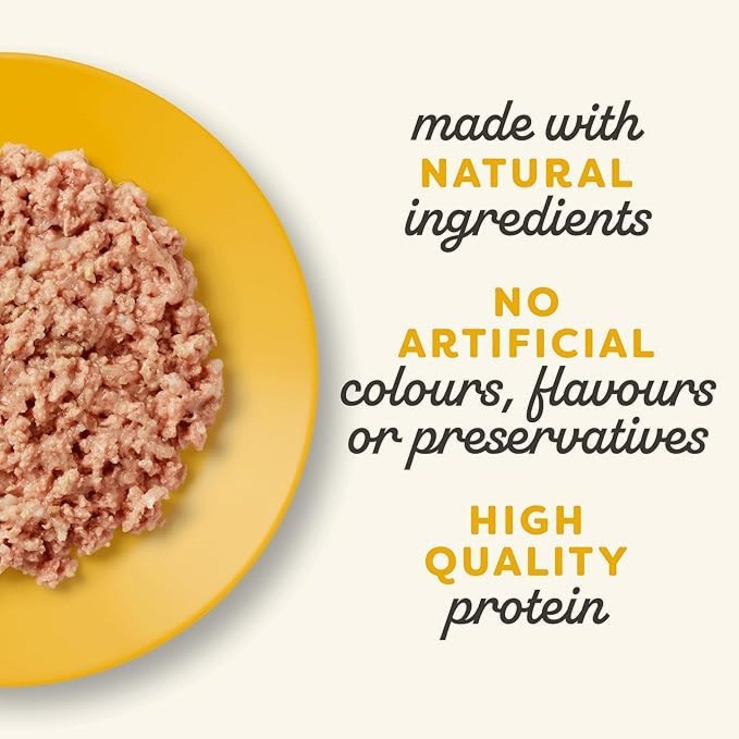 Yellow plate with ground meat and text about natural ingredients and high quality protein.