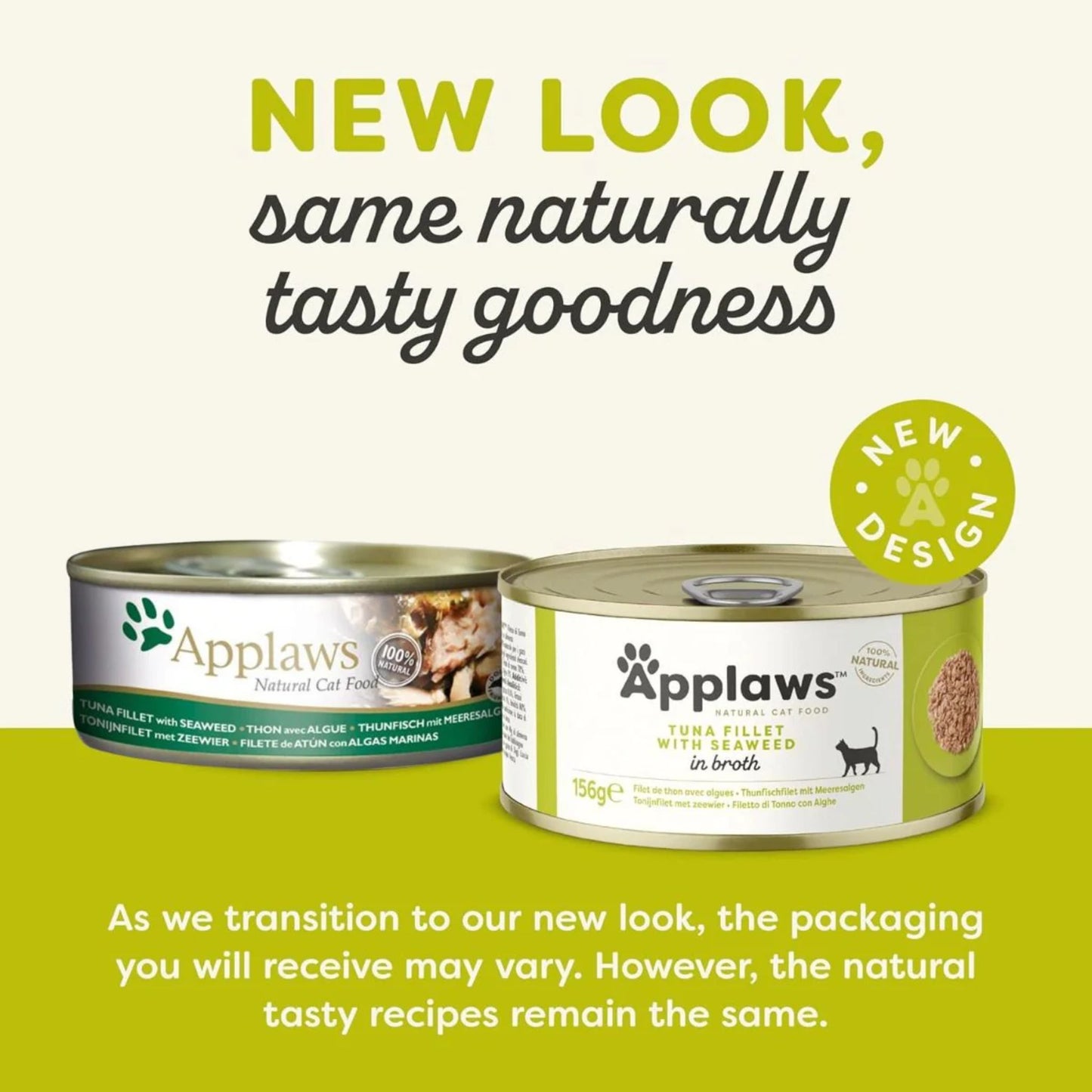 Two cans of Applaws cat food with text about new packaging design on a green background