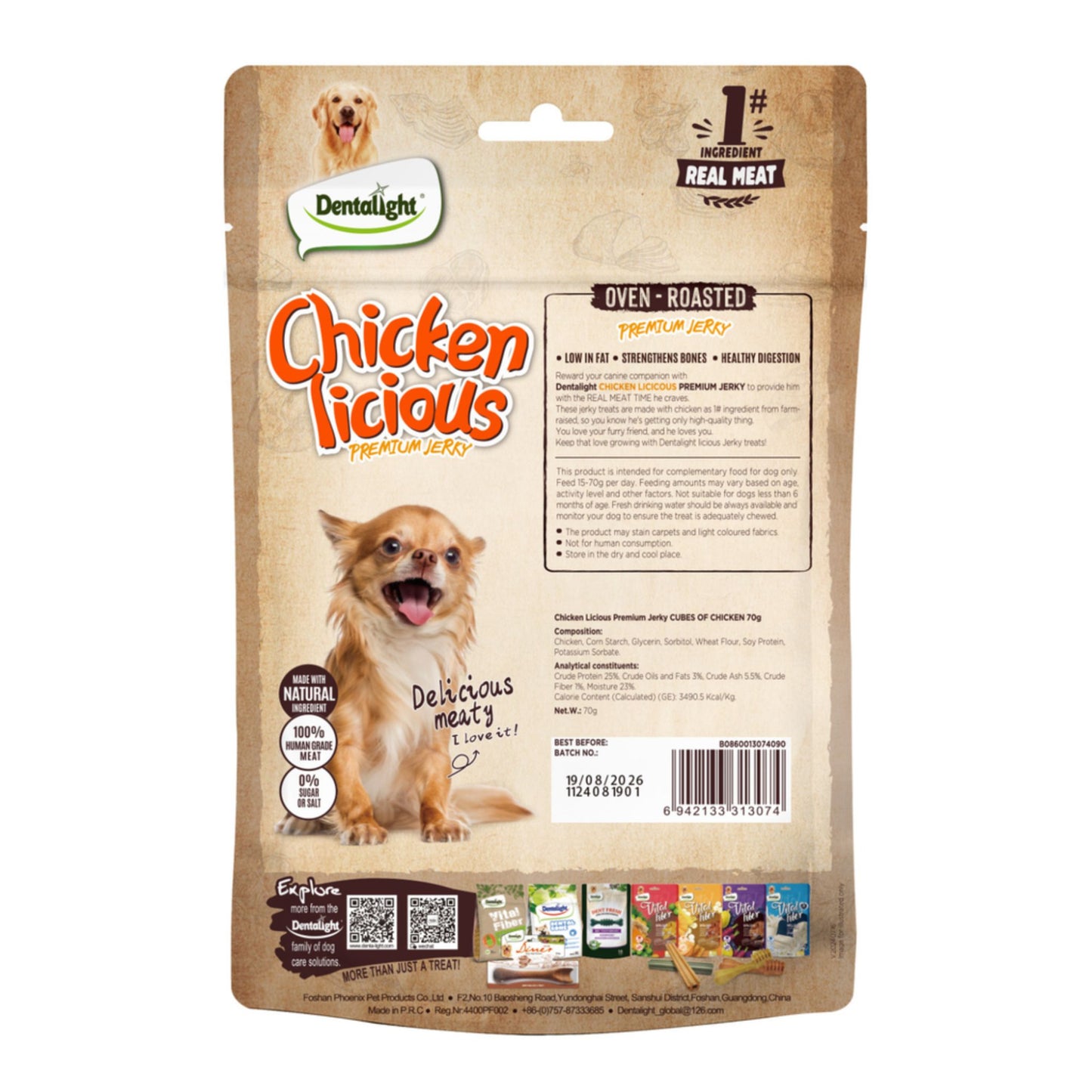 Dentalight Chicken Licious dog treat package on a white background